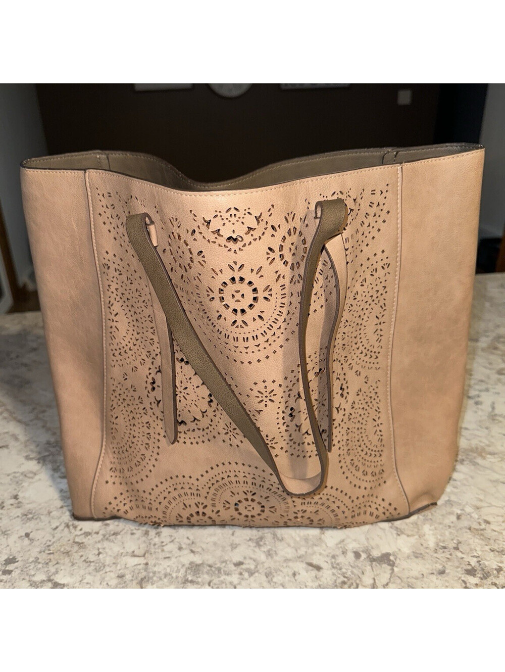 Women’s Beige Floral Cutout Tote Bag Double Handles Brown Straps Gold Hardware